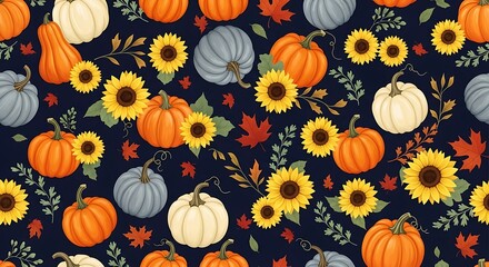 A charming seamless pattern featuring pumpkins, sunflowers, and autumn leaves on a dark blue background, perfect for seasonal decorations