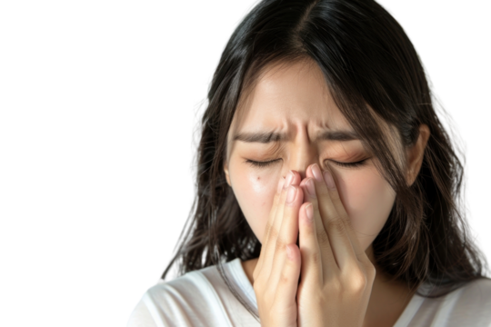 PNG  Woman sneezing covering her face