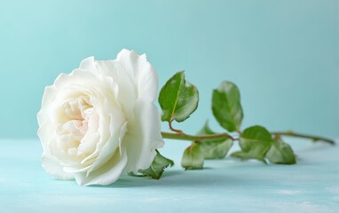 Single white rose on pastel blue background