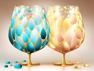 Luxurious wine glasses adorned with golden accents, sparkling turquoise and amber stones, gleaming on reflective surface with delicate water droplets