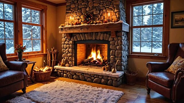 Cozy fire place with snowfall outside the window beautiful footage 