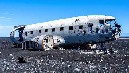 Solheimasandur crash site airplane remnants under radiant blue sky in Iceland