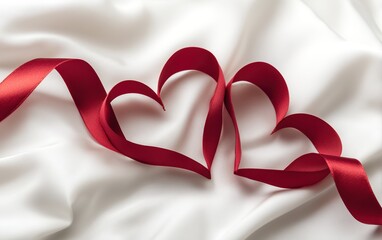 Red ribbon forming heart shapes on white satin fabric