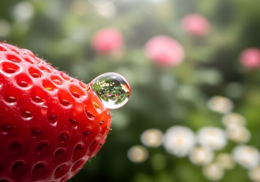 Dreamlike Macro of Water Droplet on Fresh Strawberry
