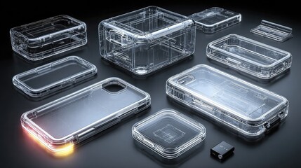 Transparent plastics used in tech products such as casings, device housings, charger bases, and gadget accessories highlighting product detail visibility and sleek engineering style.