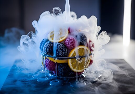 Futuristic Macro of Liquid Nitrogen and Frozen Fruit Sphere