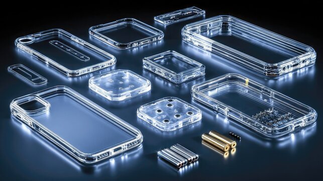 Transparent plastics used in tech products such as casings, device housings, charger bases, and gadget accessories highlighting product detail visibility and sleek engineering style.