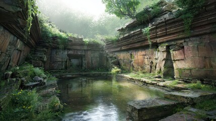 Lush overgrown ruins reflecting in a tranquil pool.