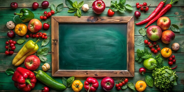 Fresh organic vegetables and fruits arranged around a chalkboard - Powered by Adobe