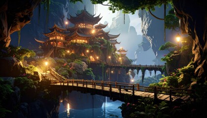 Fantasy Asian Temple on Cliffs with Bridge with Evening Light.