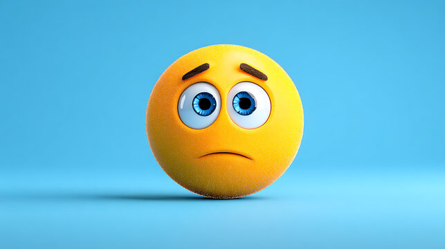 A close-up of a sad emoji character with large blue eyes against a soft blue background