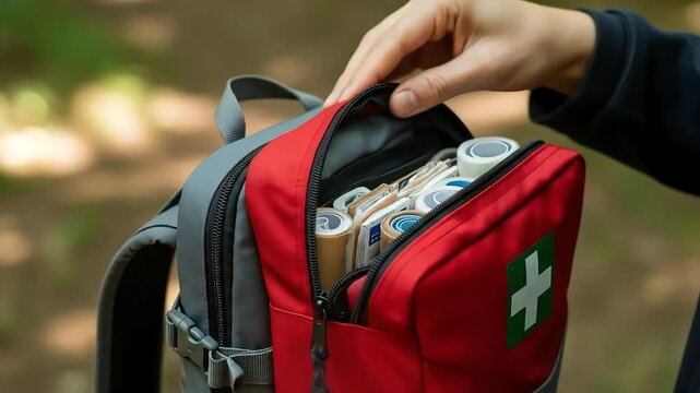 Close Up of Hands Accessing a Red First Aid Kit in Grey Backpack