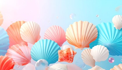 Vibrant summer background with a beautiful assortment of colorful seashells, starfish, and pearls. Fantasy ocean concept.