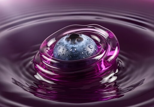 Hyper-Realistic Macro of Blueberry Suspended in Purple Liquid Swirl