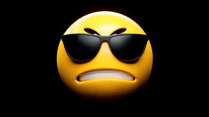 3D angry emoji wearing sunglasses against a black background, conveying attitude and emotion