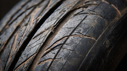 Close-up of a worn-out, cracked tire showing severe tread damage and signs of aging.