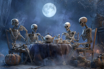 Eerie Gathering: Skeletons Enjoying a Moonlit Tea Party in a Haunted Night Setting