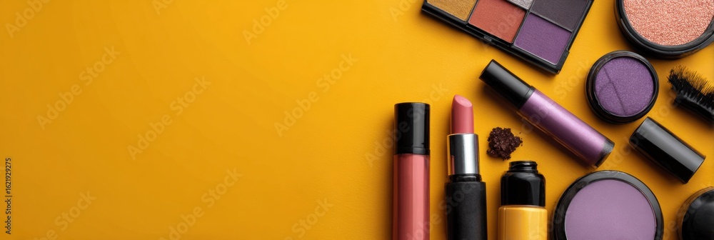 Poster editorial layout showcasing an array of colorful makeup products on a vibrant yellow background with
