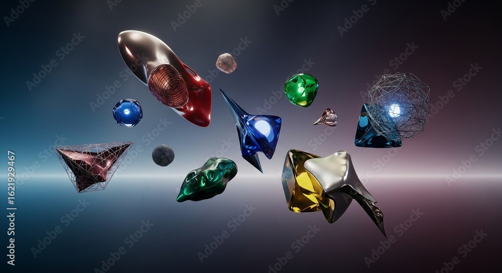 Fototapete dynamic abstract 3d rendered metallic and glowing geometric forms float in a vibrant gradient space,