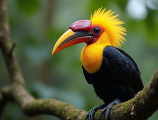Helmeted Hornbill with Iconic Casque Perched on a Mossy Branch in a Tropical Jungle

