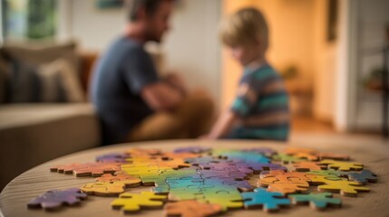 Fototapeta premium Father and son bonding over puzzle play with pastel wooden pieces