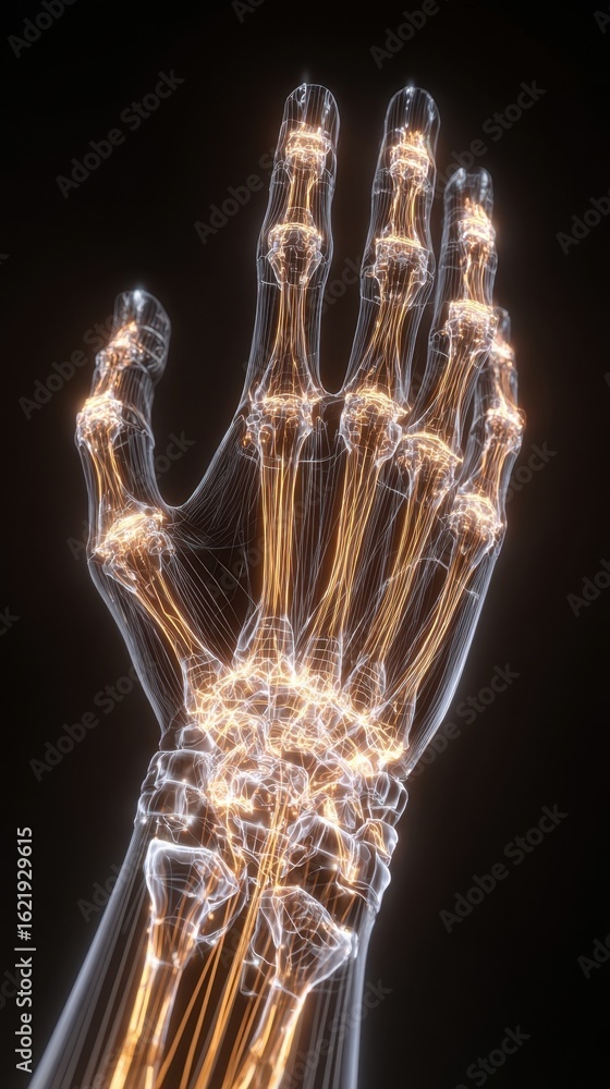 Poster dynamic glowing lines overlay on a skeletal hand model accentuating irritated tendon pathways charac
