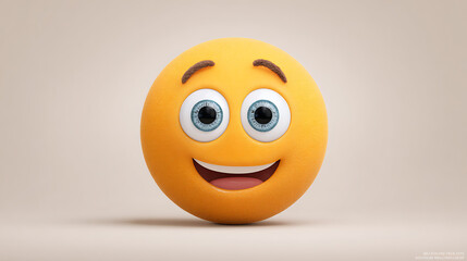 A cheerful, cartoonish smiley face with large eyes and a broad smile against a soft background