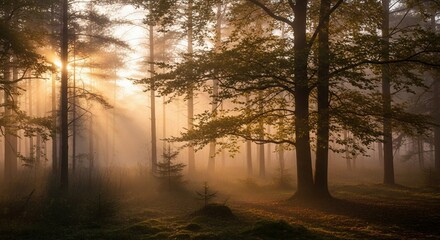Misty forest bathed in golden sunlight, sunbeams pierce through trees, creating an atmospheric, ethereal woodland scene.