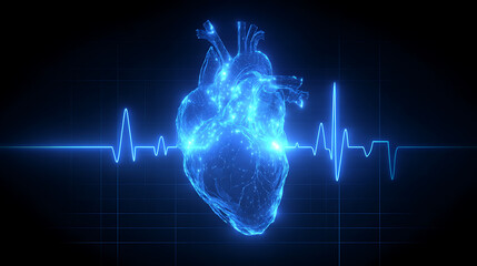 Glowing digital heart model with heartbeat line, showcasing advanced medical technology in a dark setting