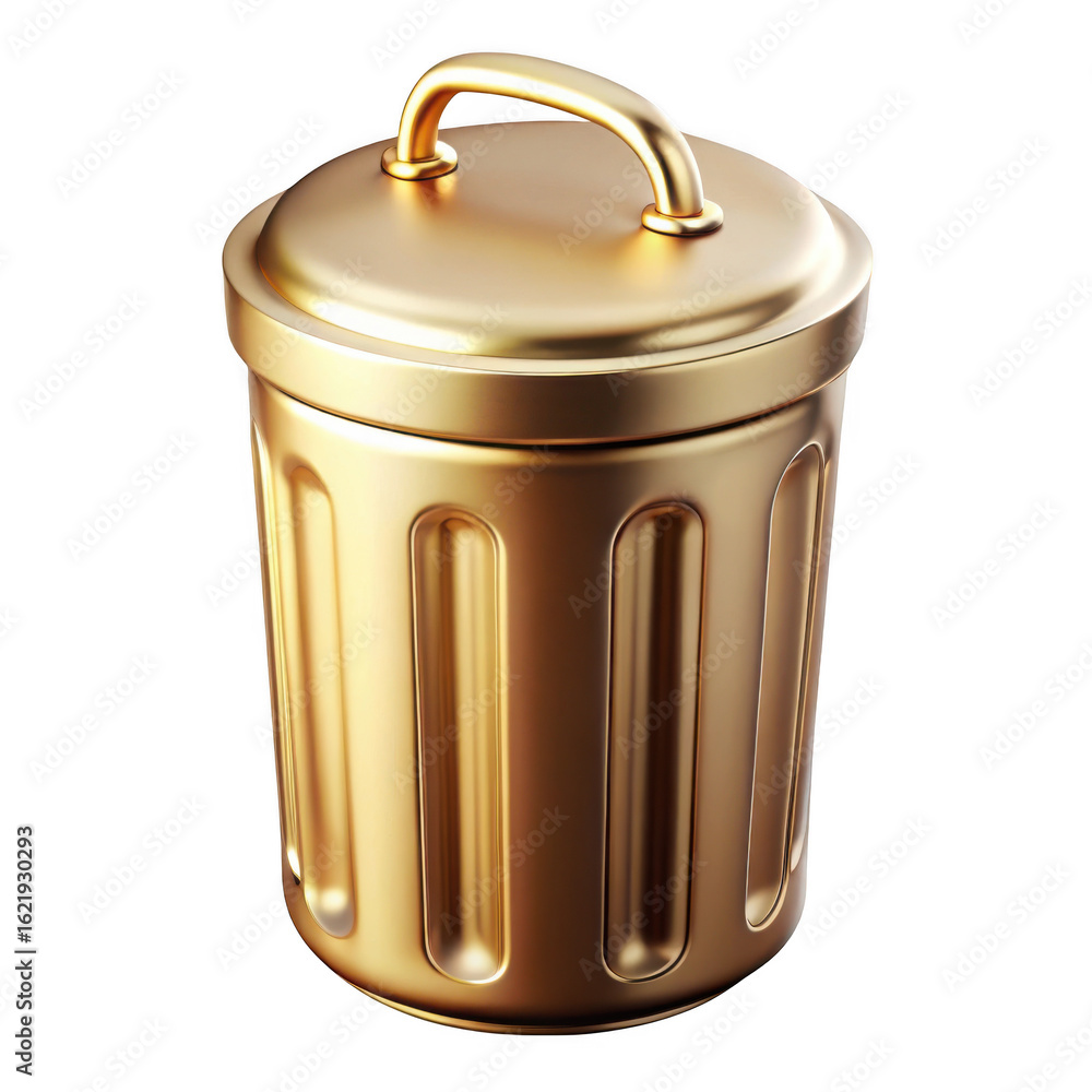 Poster 3d golden trash can with handle isolated on transparent background