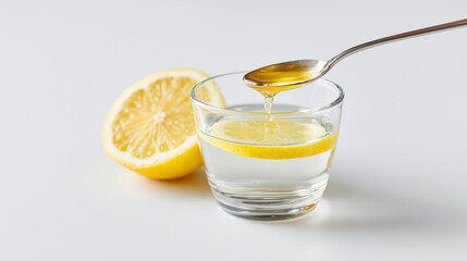 Fresh lemon and honey detox shot, a healthy drink for wellness and cold relief on a white background