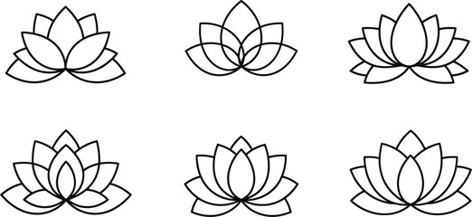Set of six lotus flower icons, showcasing various stylized designs for yoga, meditation, spa, and wellness related themes in a minimal style