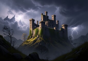 Obraz premium Dramatic Medieval Castle under Lightning Storm, Fantasy Landscape