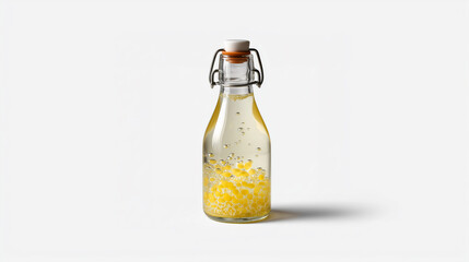 Preparing a healthy digestive drink, fermented water kefir with tibicos grains in a bottle on a white background