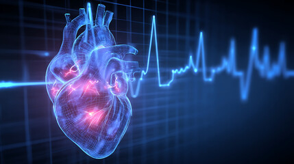Detailed 3D rendering of a human heart with glowing elements and ECG waveform in the background