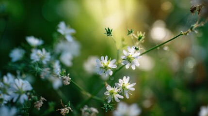 Delicate white wildflowers bloom in soft sunlight, showcasing delicate petals and green stems in a natural setting.