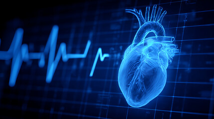 A digital representation of a human heart with an electrocardiogram backdrop illustrating health monitoring