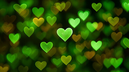 A vibrant display of green heart shapes floating on a dark background, creating a festive atmosphere