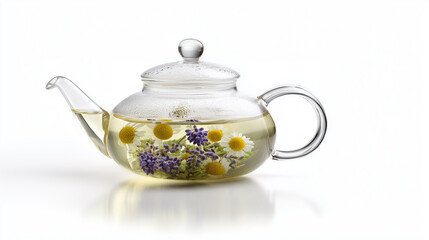 Herbal tea with chamomile and lavender flowers steeping in a clear glass teapot for a relaxing wellness drink