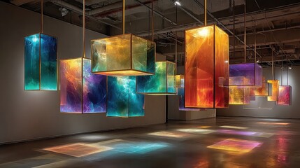 Transparent materials used in art installations including acrylic sculptures, suspended elements, light refraction effects, and public exhibition designs for gallery or street display.