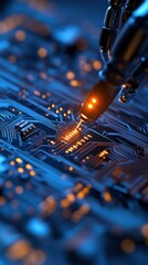 Robotic arm placing a component onto a circuit board.