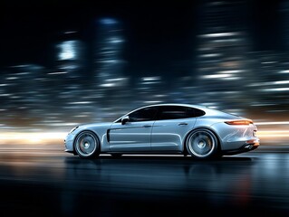 Car Moving Fast with Motion Blur and Light Trails in the City