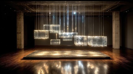 Fototapeta premium Transparent materials used in art installations including acrylic sculptures, suspended elements, light refraction effects, and public exhibition designs for gallery or street display.