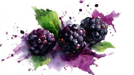 A vibrant watercolor painting of three blackberries with green leaves and purple splashes creating a lively, artistic composition.