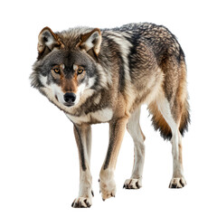 Fototapeta premium Wolf walking A wolf moves silently with a steady stride, head low and body focused. full length isolate on transparent background