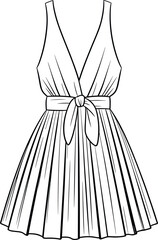 Sleeveless dress vector, deep V-neckline, fitted waist, bow detail, pleated skirt, flared hem, elegant fashion illustration, clothing design mockup