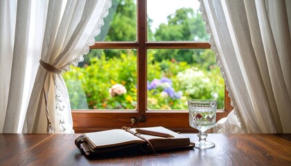 Peaceful scene of an open journal and pencil on a wooden table by a window with a view of a lush summer garden