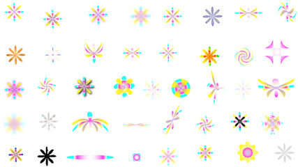 Abstract Star and Sparkle Shape Illustration Set Trendy Y2K Blurred Objects, Flowers, Stars, Heart, and Sparks, Collection of diverse abstract geometric starburst and floral motifs.