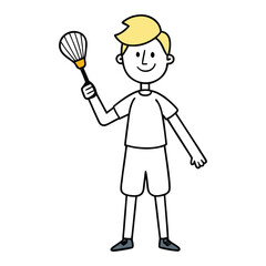 A focused man prepares to serve a shuttlecock mid-air, capturing the intensity and motion of a competitive badminton moment in a powerful, athletic stance.
