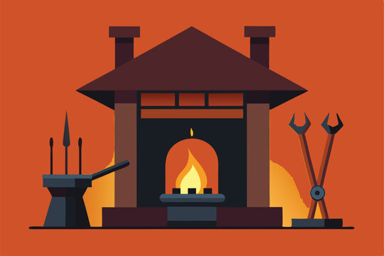 blacksmith forge with tools and weapons  .eps